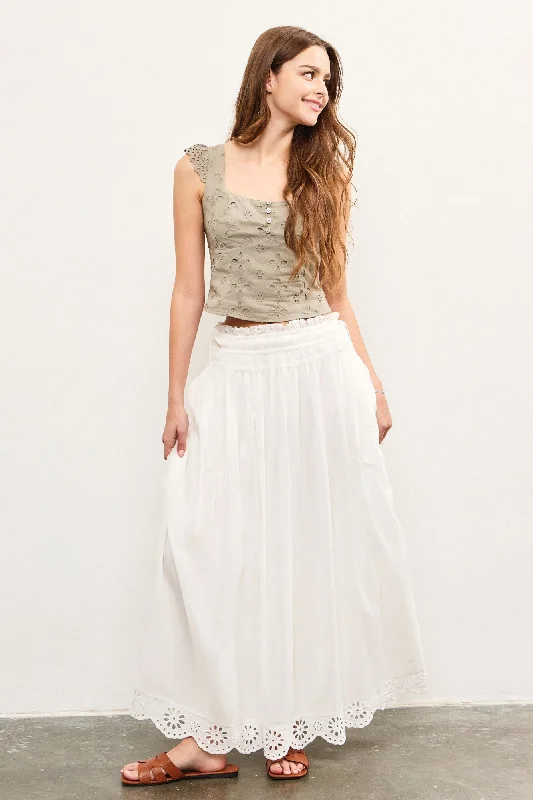 Holiday Gift Guide Sale White Smocked Waist Eyelet Lace Hem Maxi Skirt