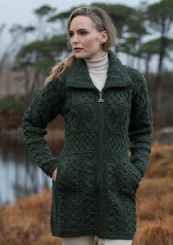 Elegant Clothing For Women Double Collar Aran Sweater Coat | Green