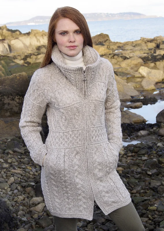 Classic Women's Clothing Styles Double Collar Aran Sweater Coat | Oatmeal