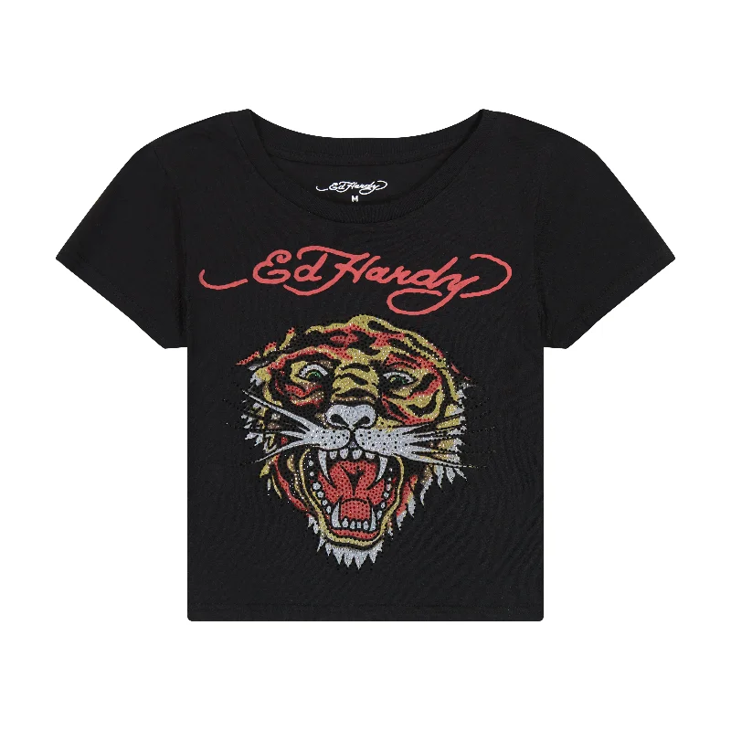 Women's Casual Clothing For Lounging Tiger Head Rhinestone Baby Tee