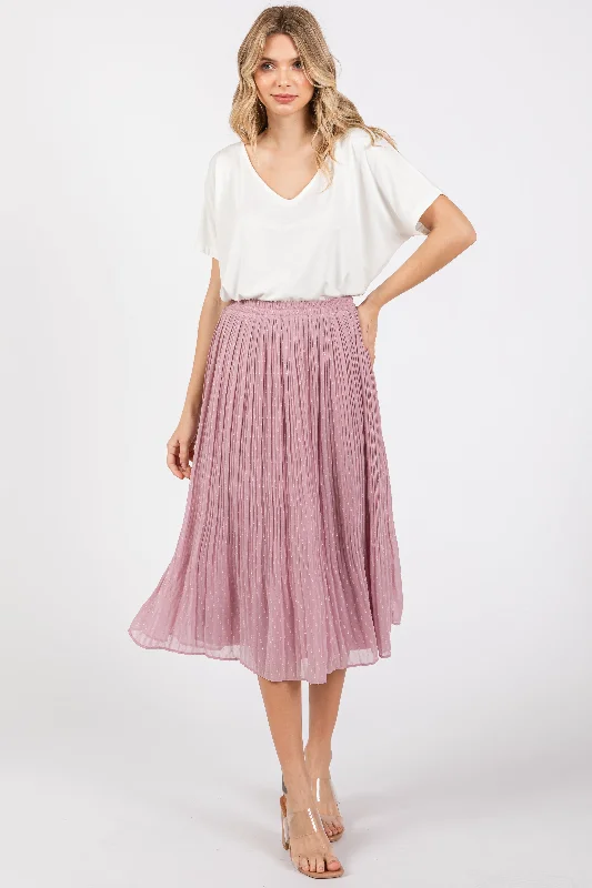 Women's Weekend Outfit Mauve Swiss Dot Pleated Midi Skirt