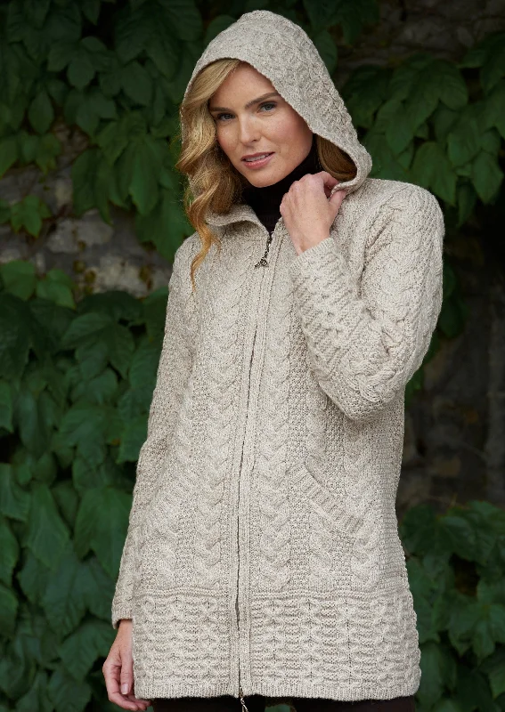 Women's Party Outfit Aran Galway Cardigan With Celtic Knot Zipper | Oatmeal