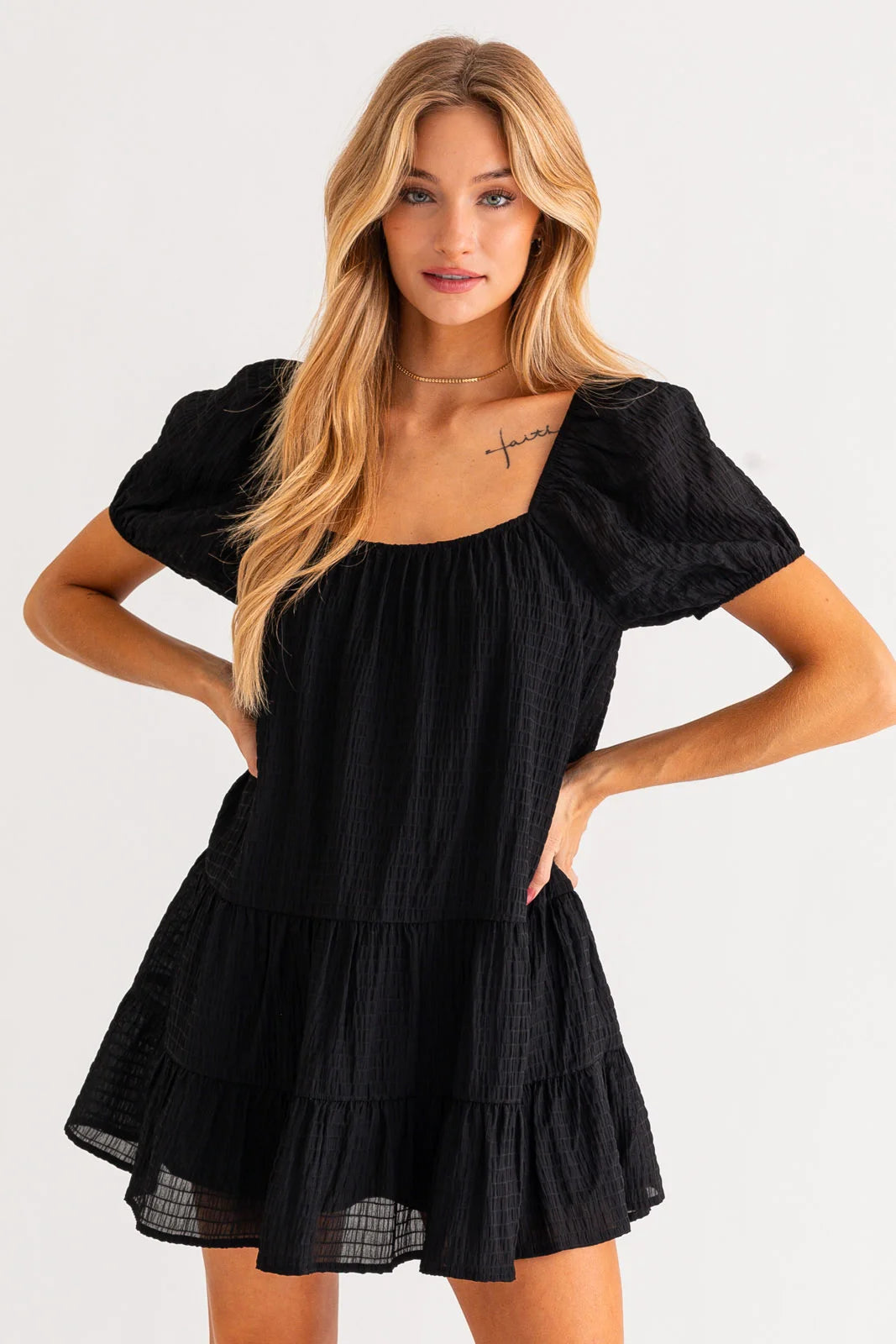 Fashion-forward Women's Wear Short Puff Sleeve Tiered Mini Dress