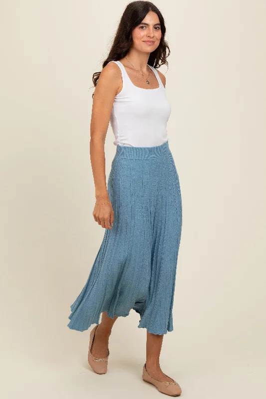 Comfortable Casual Women's Clothing Blue Ribbed Knit A-Line Midi Skirt