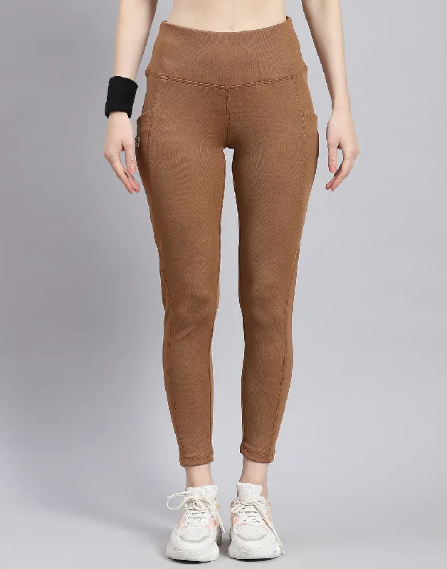 Women's Online Boutique Women Camel Brown Solid Regular Fit Legging