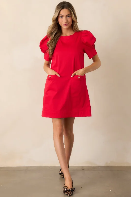 Casual and Comfortable Outfits Wine Cellar Tour Cotton Red Puff Sleeve Mini Dress