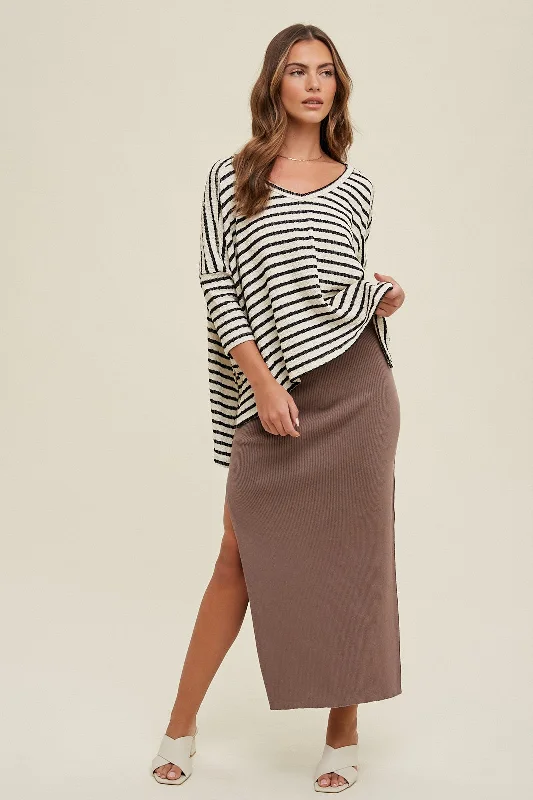 Women's Cozy Outfit For Lounging Mocha Ribbed Knit Side Slit Midi Dress