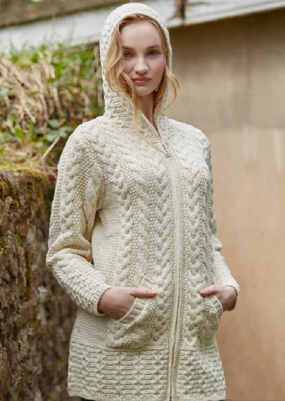 Women's Seasonal Fashion Trends Aran Hooded Cardigan With Celtic Knot Zipper | Natural