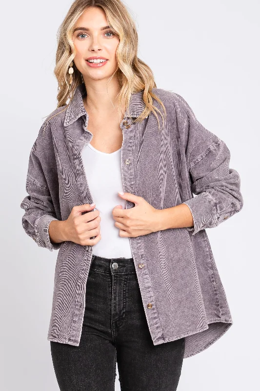 Sustainable Women's Apparel Charcoal Corduroy Button Up Top