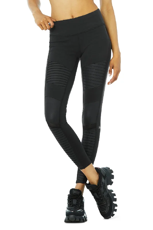 Casual Women's Clothing Moto Legging - Black/Black Glossy