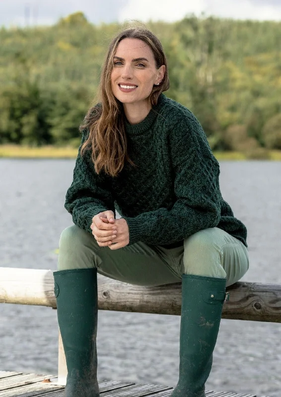 Women's Clothes For The Office Aran Crew Neck Merino Sweater | Green