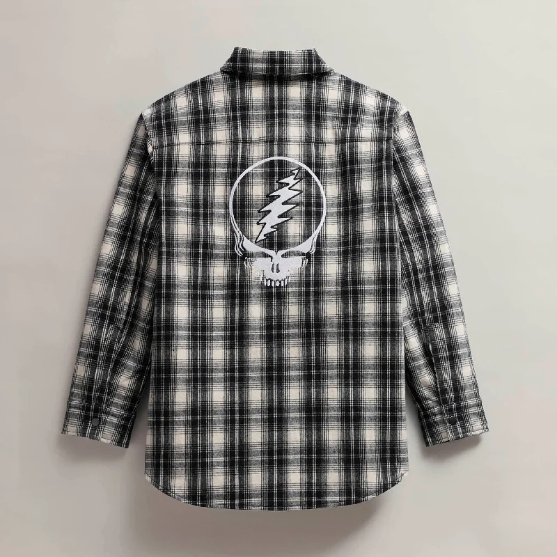 Women's Occasion Wear Clothing Women's Grateful Dead Sherpa Lined Plaid Shirt Jacket - Black/White