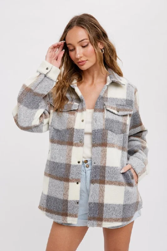 Charming Women's Clothes For Special Events Grey Plaid Fleece Shirt Jacket