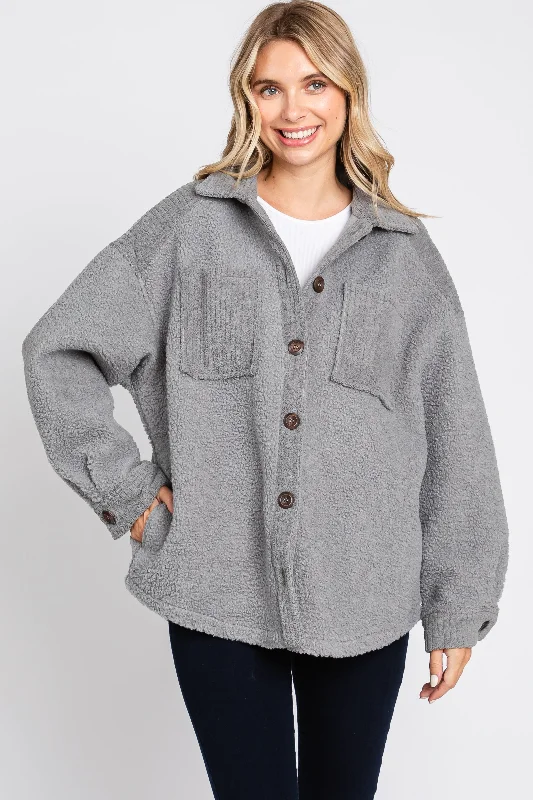 Stylish Clothes For Women Grey Colorblock Fleece Shirt Jacket