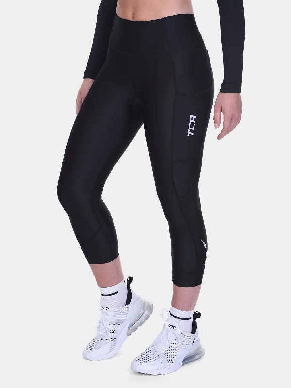 Casual Chic Women's Clothes Padded Capri Cycling Leggings For Women With Reflective Strips & Side Pocket