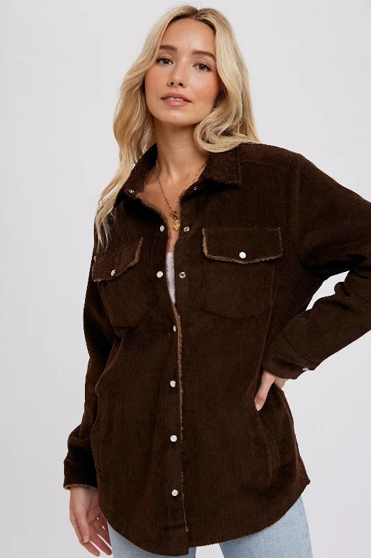 Women's Loungewear Clothes Brown Corduroy Sherpa Lined Shacket