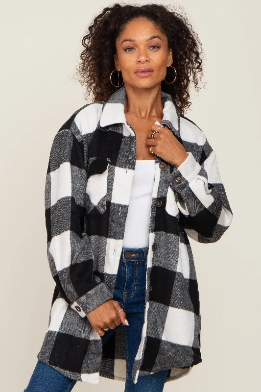 Women's Transitional Clothes Black Plaid Brushed Long Shacket