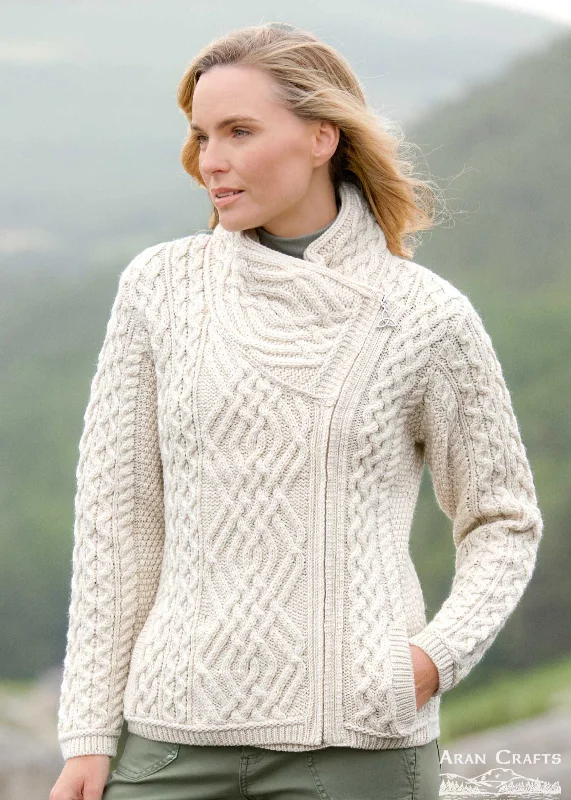 Relaxed Fit Women's Fashion Aran Irish Cable Knit Side Zip Jacket | Natural