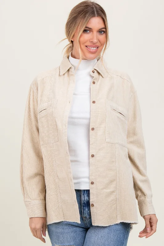 Modern Women's Apparel Beige Corduroy Fringe Hem Shirt Jacket