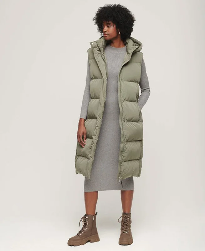 Casual Women's Clothing Longline Hooded Puffer Gilet | Light Khaki Green