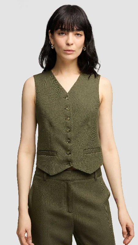 Summer Sale Shallow V-Neck Waistcoat in Viscose Wool Twill | Olive