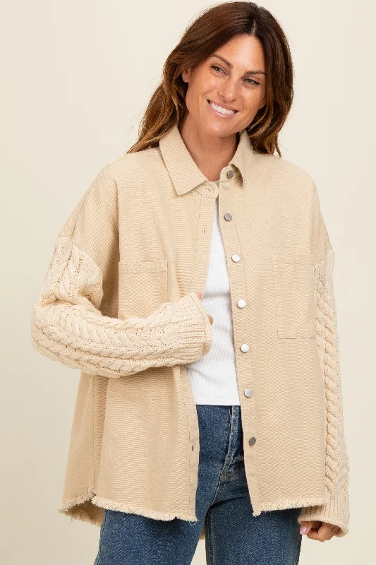 Stylish Women's Outerwear Apparel Beige Denim Cable Knit Contrast Jacket