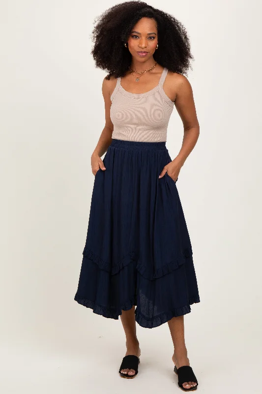 Women's Clothing Online Navy Ruffle Tiered Midi Skirt