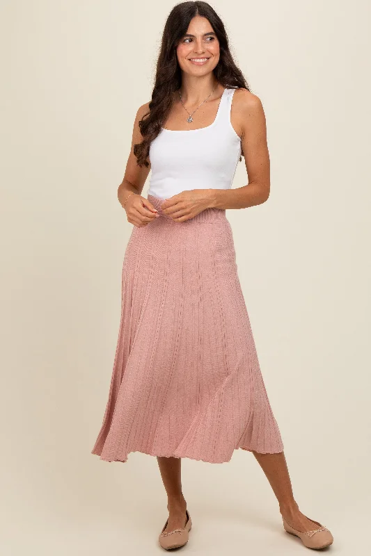 Trendy Women's Outfits for Casual Wear Mauve Ribbed Knit A-Line Midi Skirt