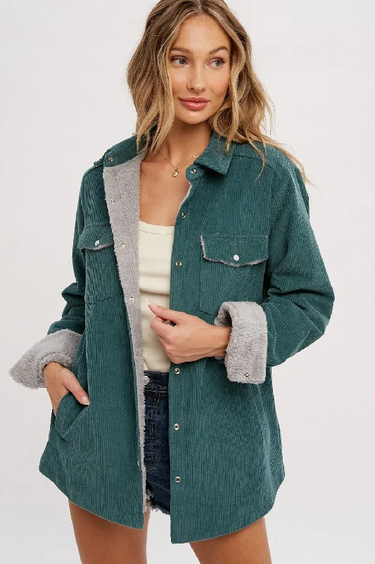 Fashionable Women's Clothes Forest Green Corduroy Sherpa Lined Shacket