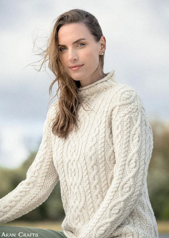 Chic Clothing For Women Super Soft Funnel Neck Aran Sweater | Natural