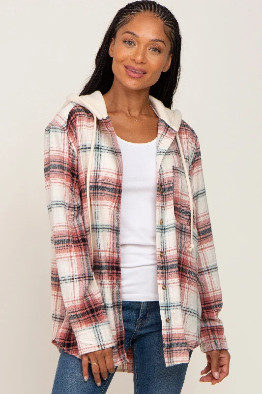 Women's Clothes For Outdoor Events Rust Plaid Hooded Shirt Jacket