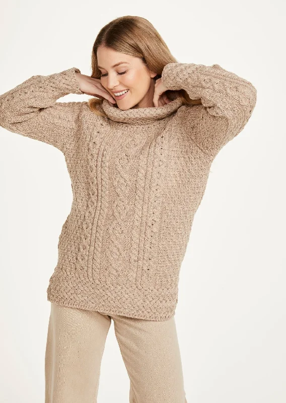 Women's High Street Fashion Belcare Ladies Aran Roll Neck Sweater | Oatmeal