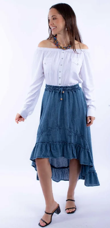 Workwear Fashion for Women Scully Womens Ruffle Hi Lo Dark Blue 100% Cotton Skirt