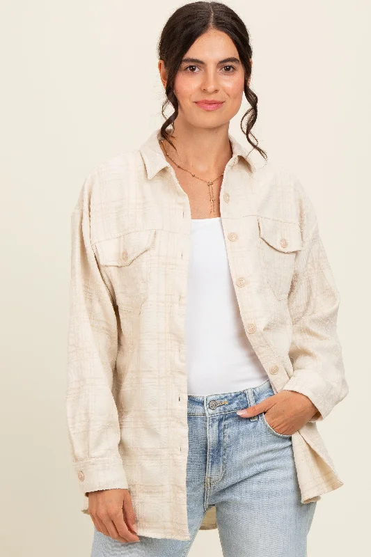 Women's Everyday Apparel Ivory Plaid Textured Shirt Jacket