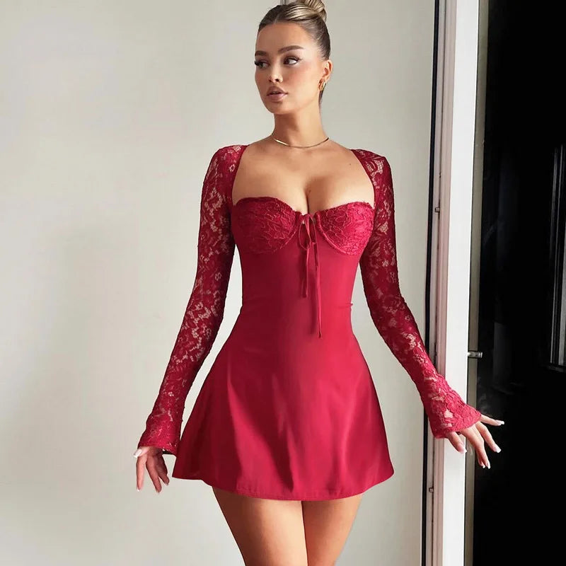 Women's Clothing Online Lace Patchwork Waist Wrap A-line Autumn Winter Backless Nightclub Party Mini Dress