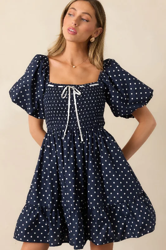 Bold and Elegant Women's Fashion Sailor's Sweetheart Cotton Navy Polka Dot Mini Dress