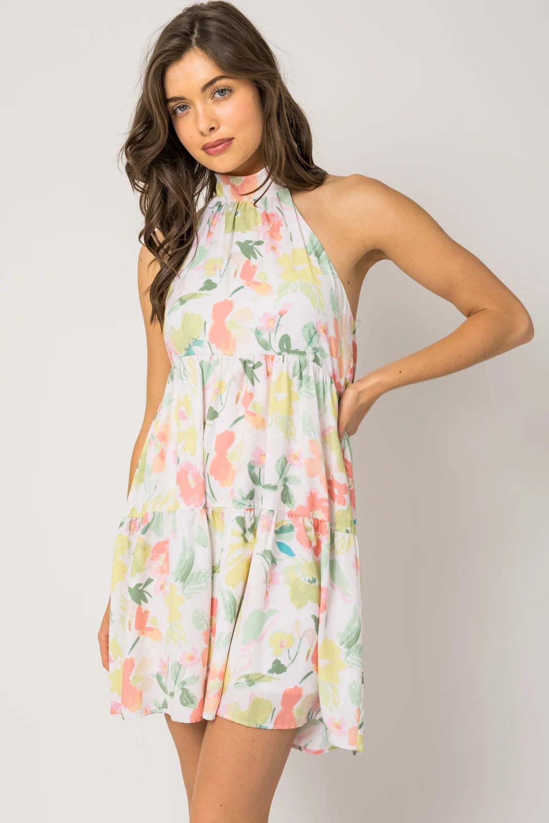 Sale Clearance Sleeveless Halter Neck Shirring Floral Print Dress