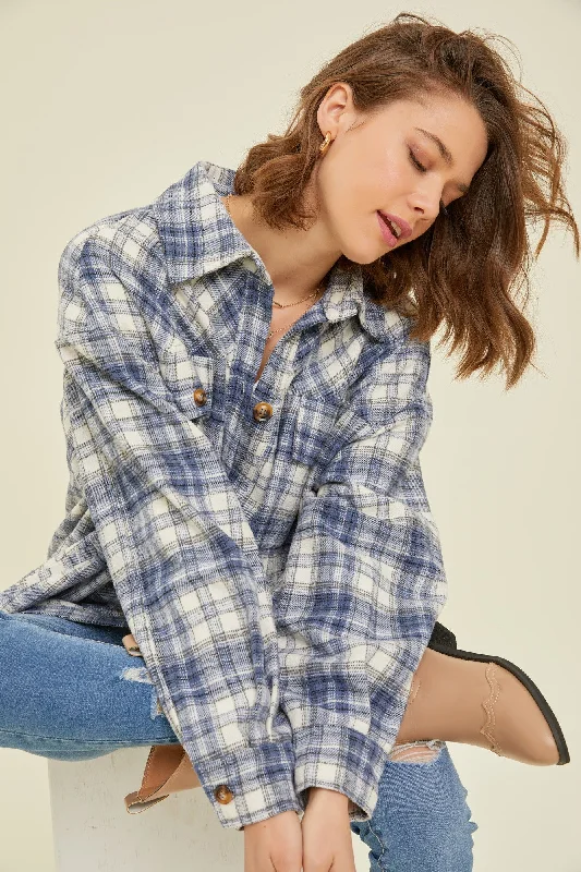 Women's Clothing Sets Navy Blue Flannel Plaid Button Up Shacket