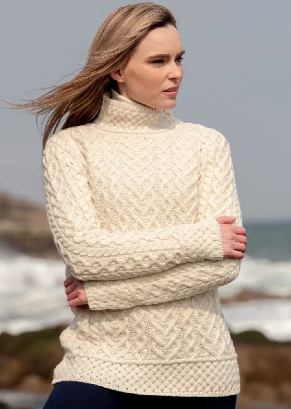 Sustainable Women's Clothes Aran Crafts Hearts High Neck Sweater | Natural