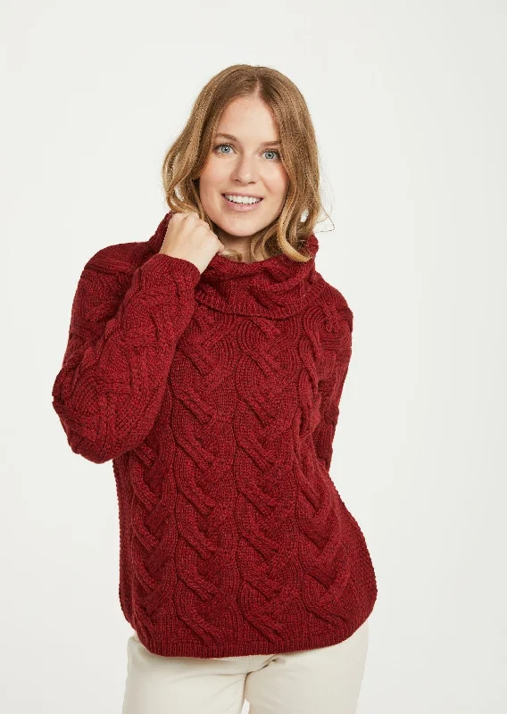 Contemporary Women's Clothing Aran Cowl Neck Chunky Sweater | Red