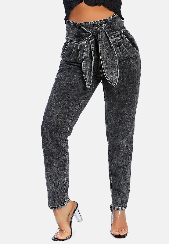 Women Fashion Bow Together Washed Denim Pants