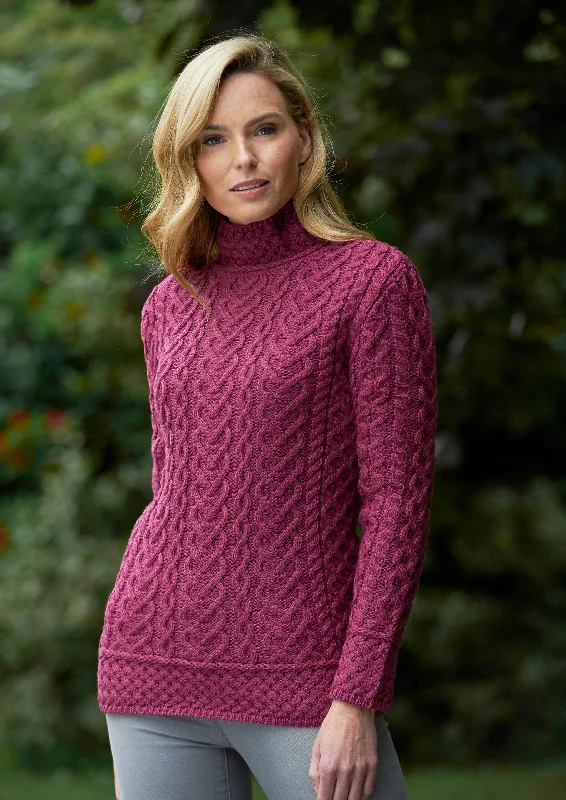 Comfortable Lounge Clothing Aran Crafts Hearts High Neck Sweater | Magenta