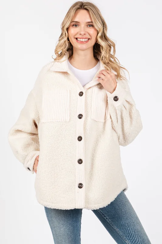 Women's Clothes For Work Beige Colorblock Fleece Shirt Jacket