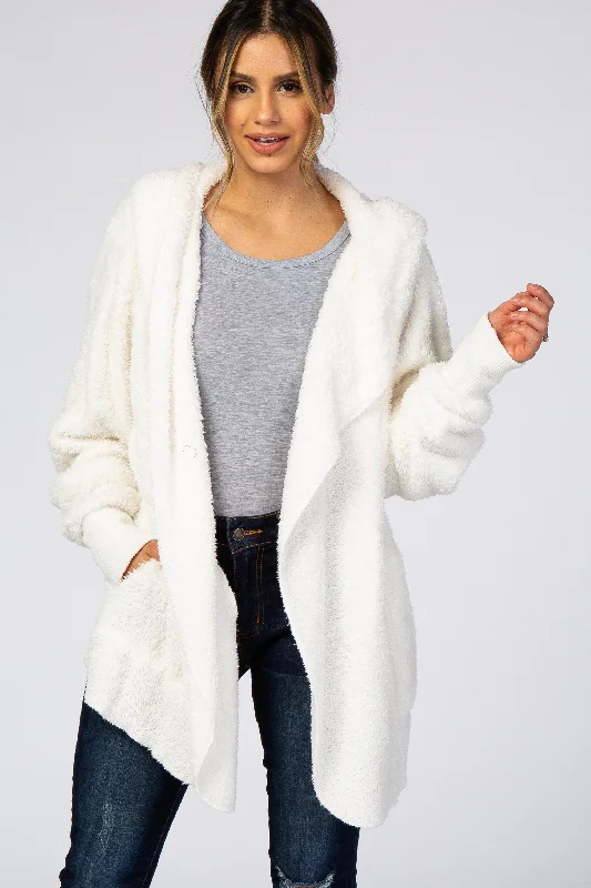 Women's Occasion Wear Clothes Ivory Fuzzy Hooded Long Sleeve Jacket