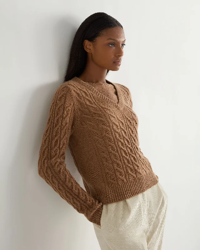 Trendy Online Boutiques Women's Frankie Cable V Neck Cashmere Sweater Dark Camel Brown