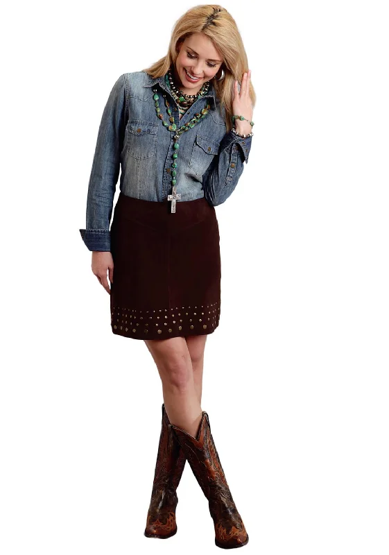 Modern Women's Outfit Stetson Ladies Brown Leather Suede Lamb Studded Skirt 10