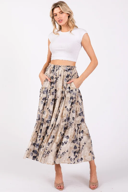 Exclusive Discount Cream Watercolor Floral Tiered Midi Skirt