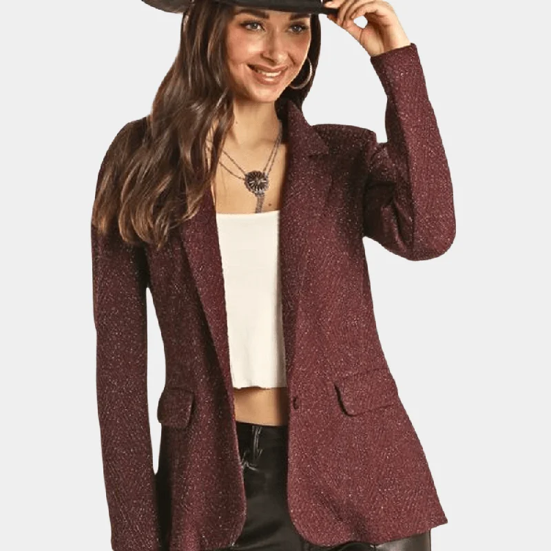 Affordable Women's Clothing Rock & Roll Denim Burgundy Shimmer Blazer