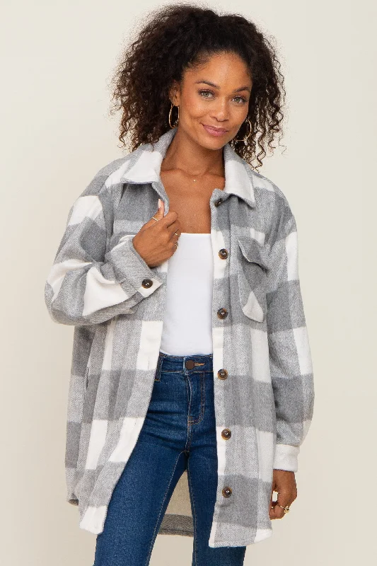 Modern Women's Clothes Grey Plaid Brushed Long Shacket