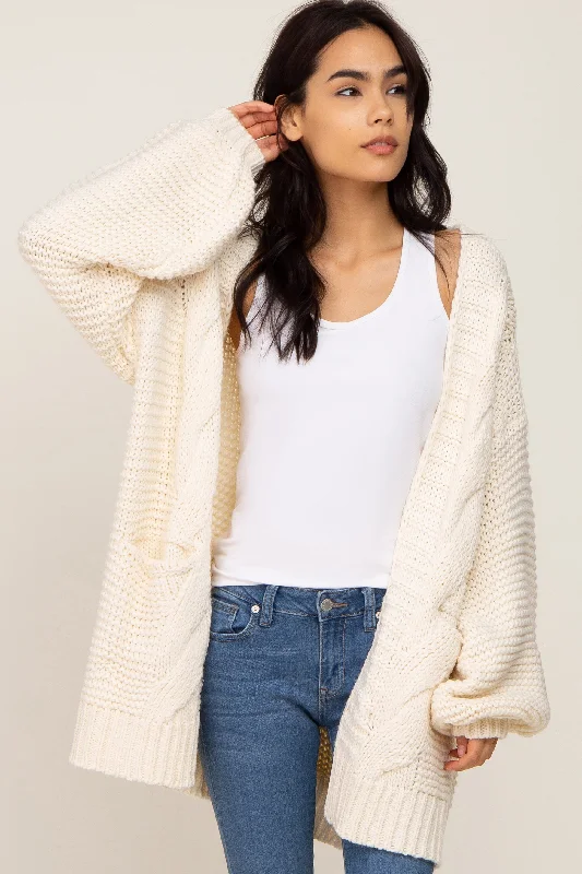 Women's Elegant Clothes Cream Cable Knit Front Pocket Cardigan